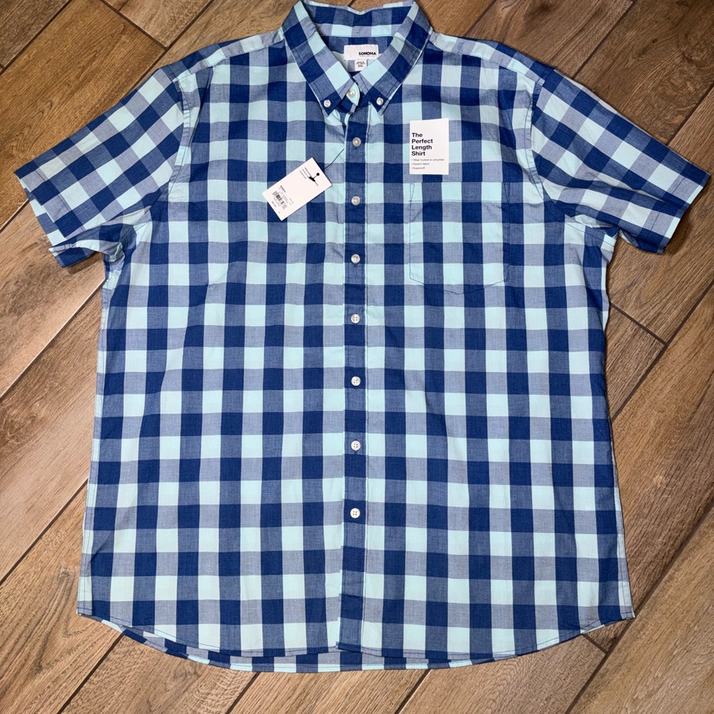 Sonoma Navy/baby blue Plaid Button Down perfect length shirt, size:XXL